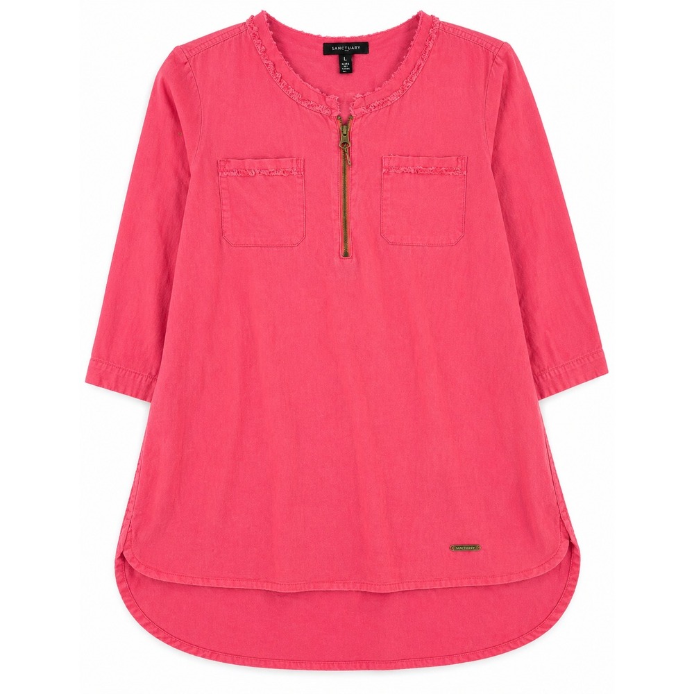 Ellen Tracy Womens Top Large Pink Linen Zip Front Hi Low Boho Chic Luxury